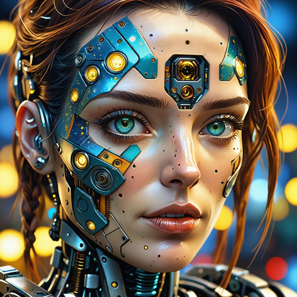 Starry Night Robot Girl Portrait in 3D Style