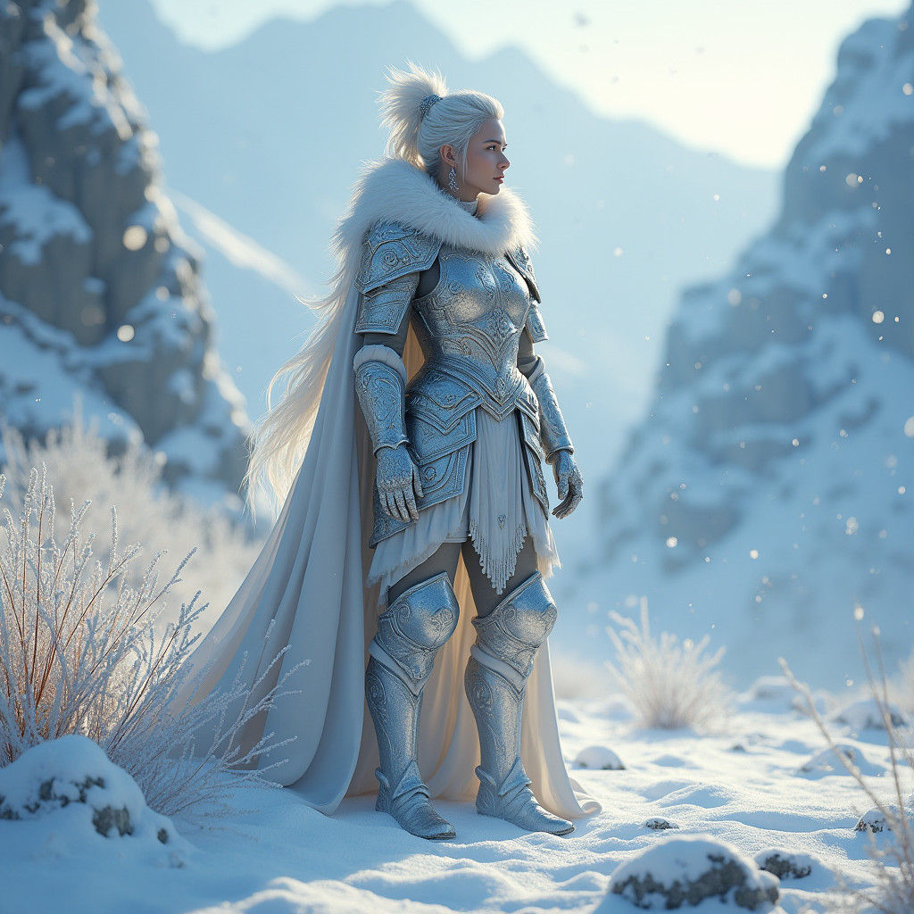 Majestic Female Warrior in Frosty Winter Wonderland