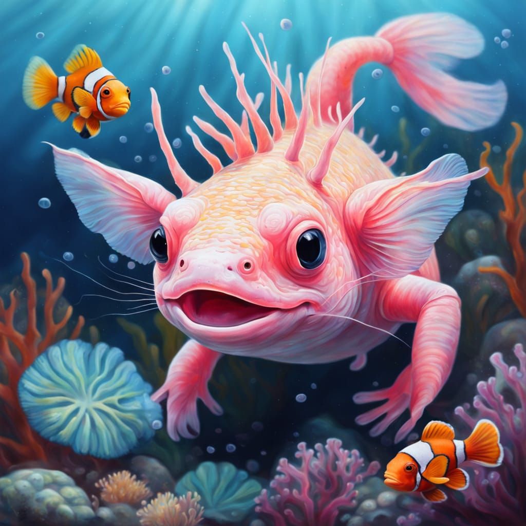 Underwater Oil Painting of a Pale Pink Axolotl and Clownfish