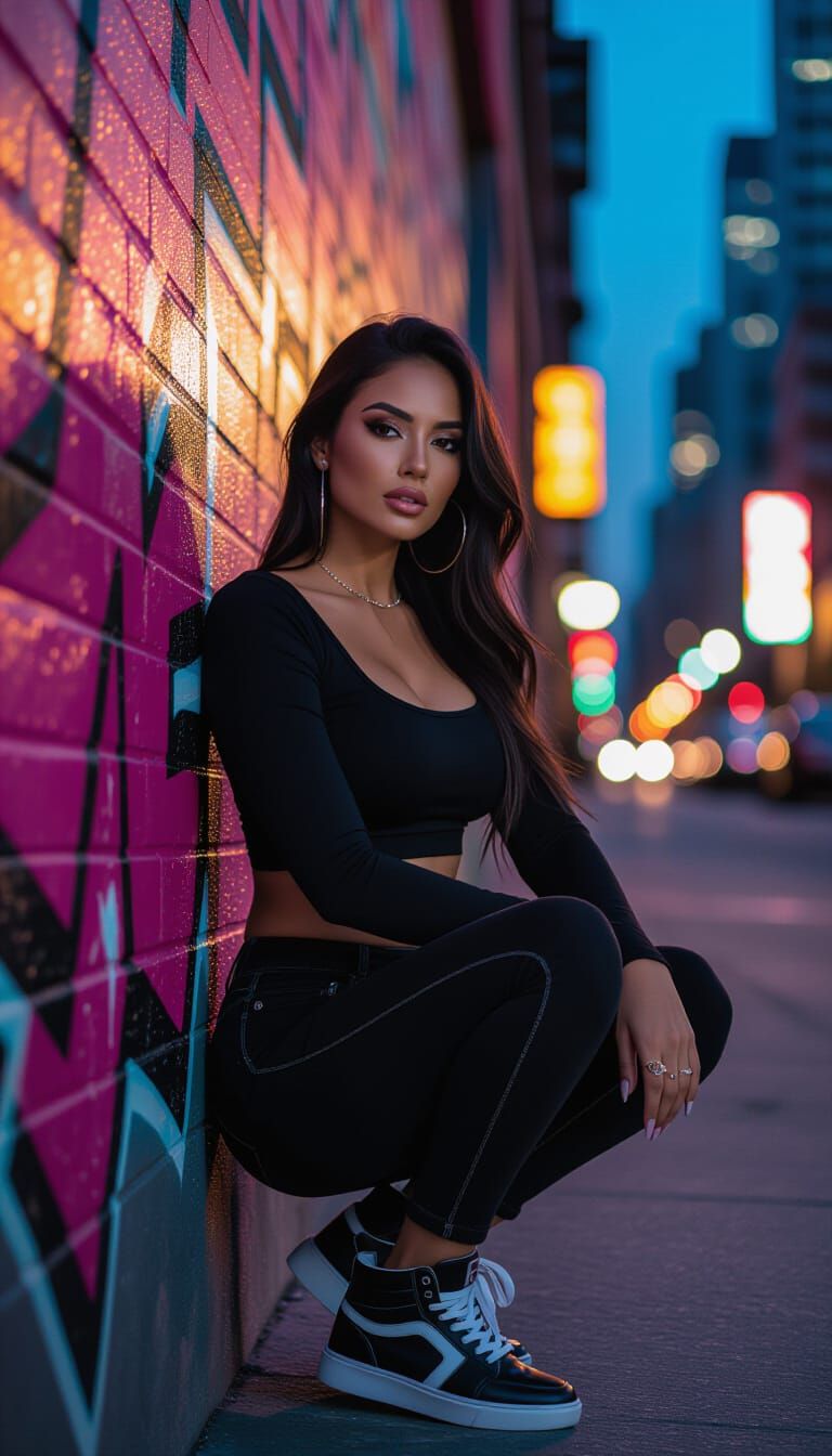 Latina Woman in Streetwear Posing Against Graffiti Wall