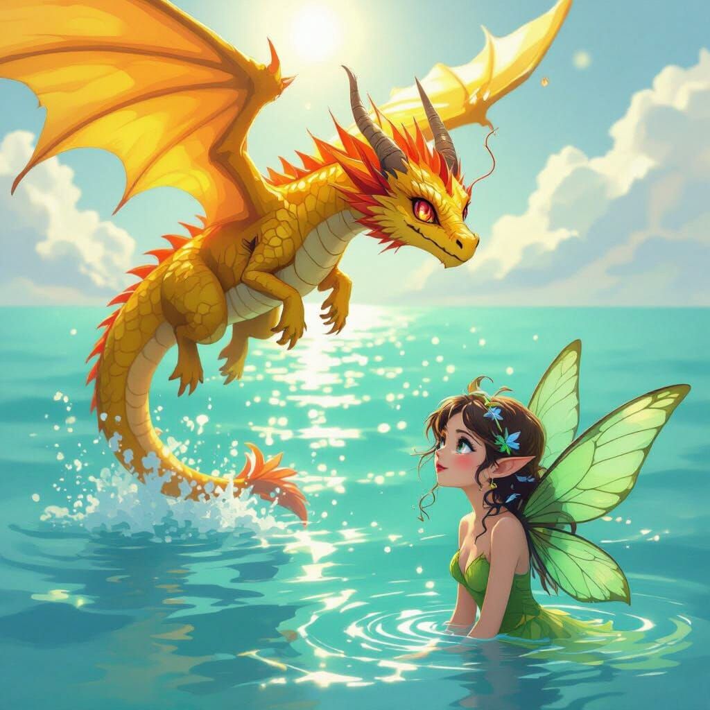 Turquoise Sea Dragon Watched by Green Fairy