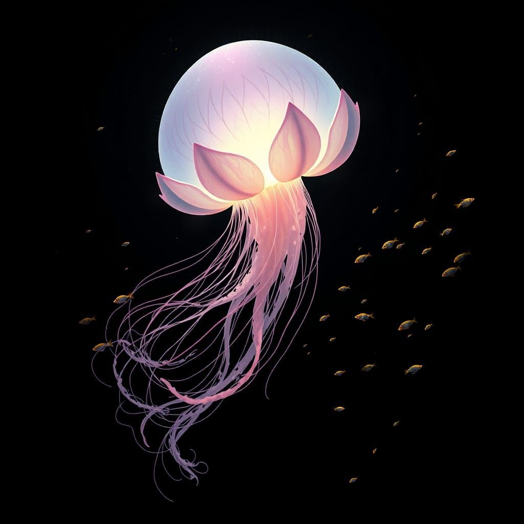Lotus Jellyfish Silhouette in a Fantastical Ocean Scene