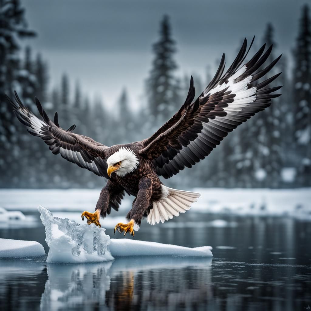 Icy Eagle in Flight: Hyperrealistic 64 Megapixel Image