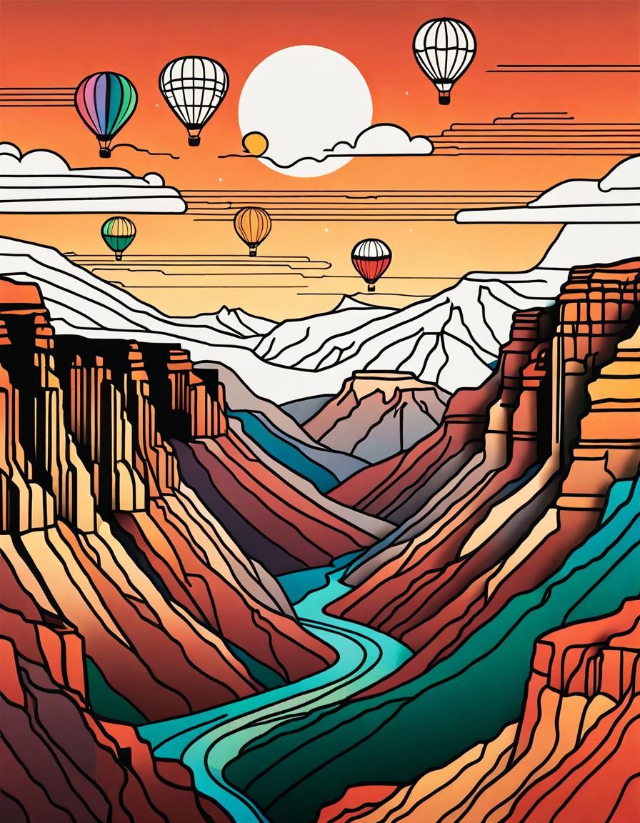 Surreal Japandi Grand Canyon Landscape with Hot Air Balloons...