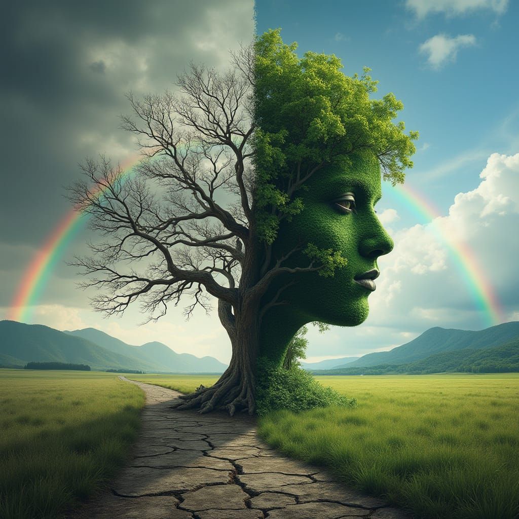 Surreal Face of Duality: Contrasting Halves of a Human Profi...