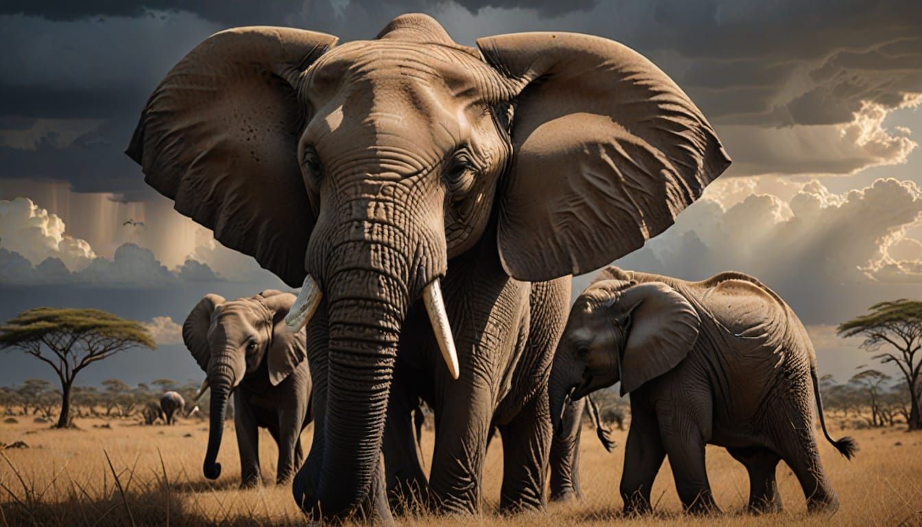 Mother and Baby Elephant on African Plain Under Stormy Sky