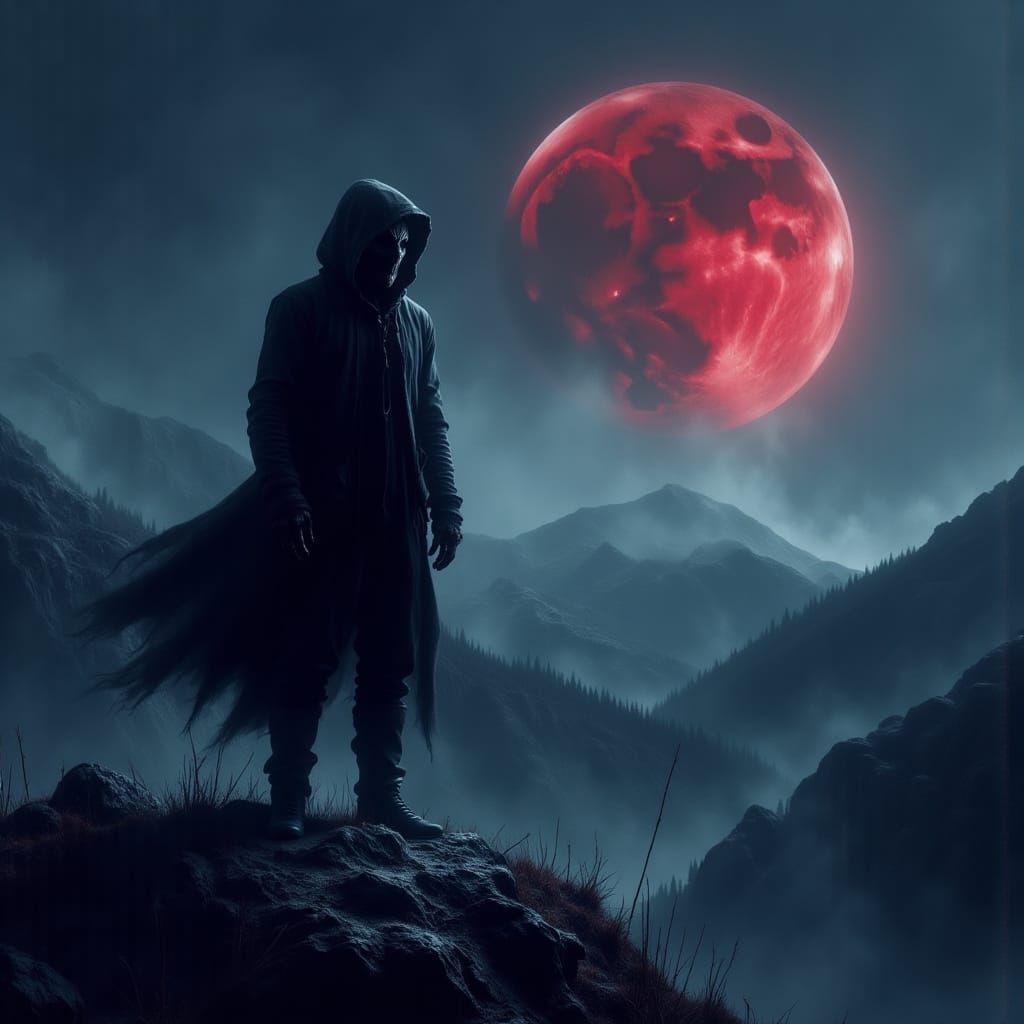 Ninja on Mountain Peak Under Blood Moon