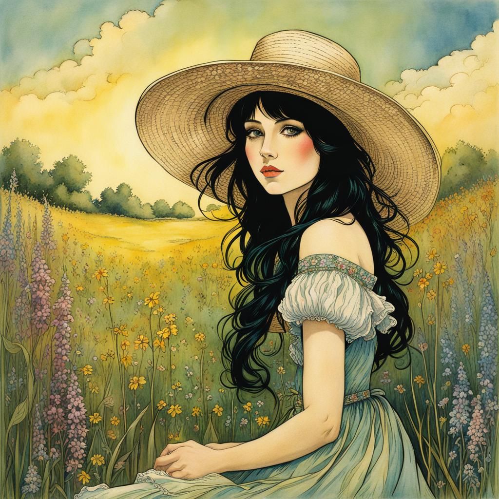 Fairytale Maiden in Wildflower Meadow: Rackham Style