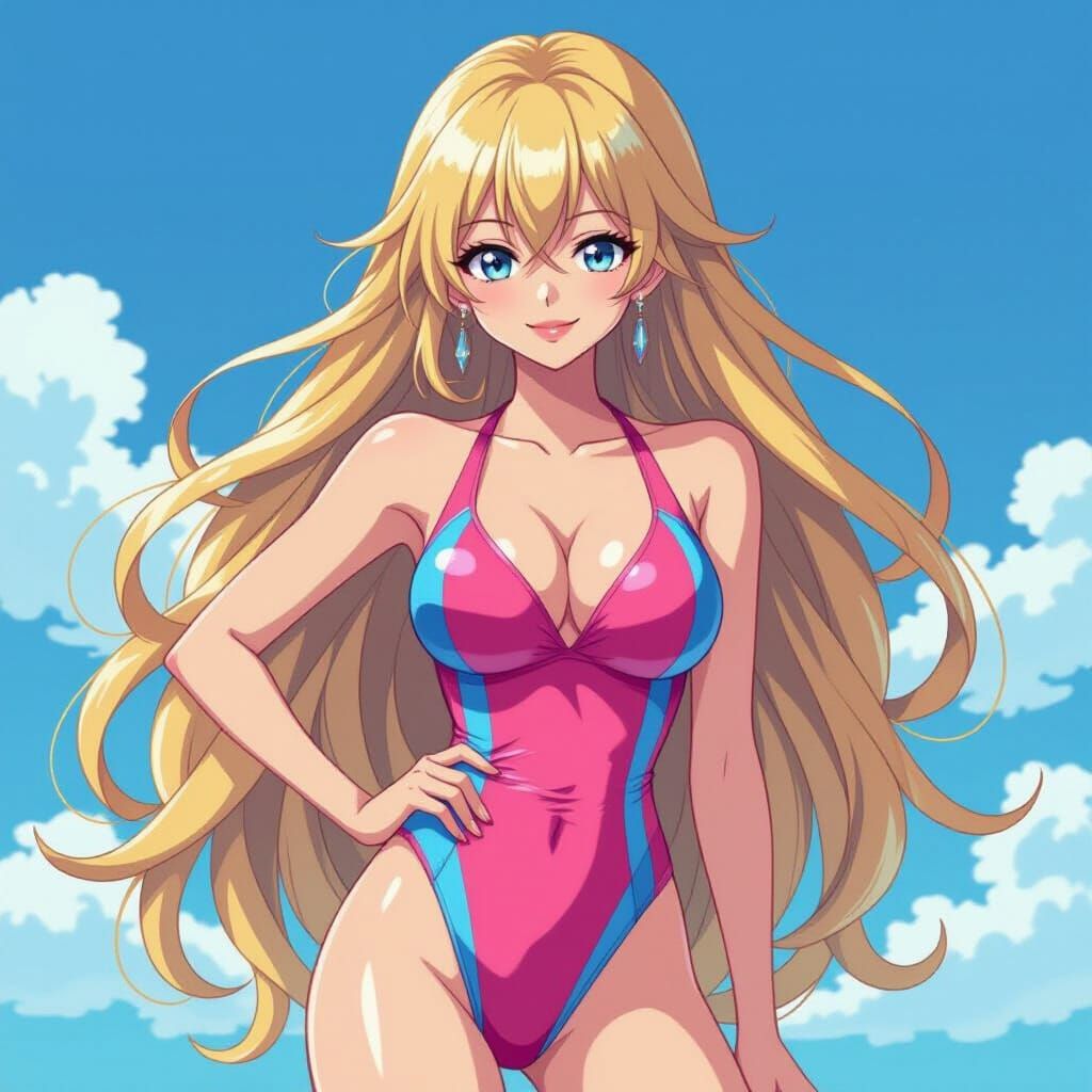 Anime Woman in Pink and Blue Swimsuit