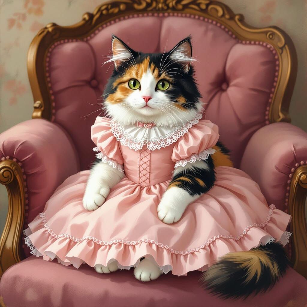 Fluffy Calico Cat in Frilly Pink Dress on Cushion