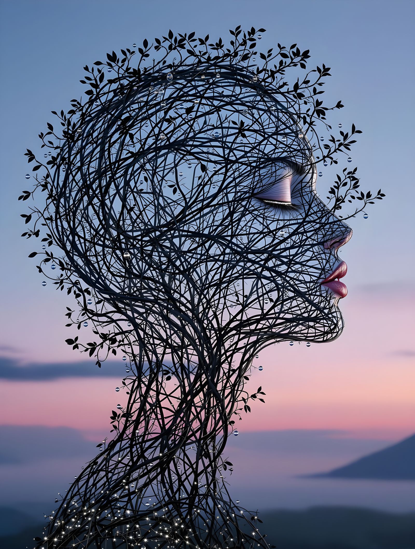 Surreal Portrait of Serene Human-Nature Fusion in Dusk Light
