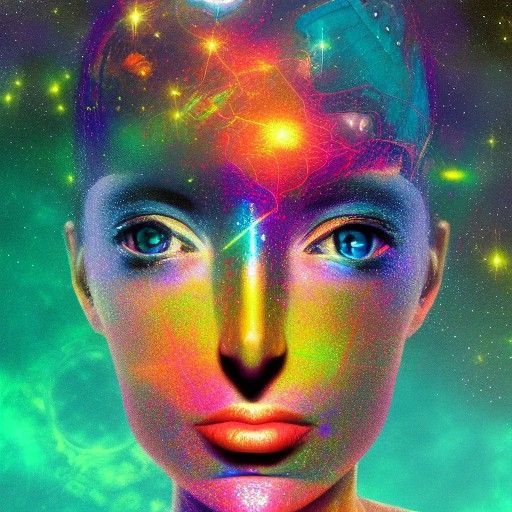 Holographic Cosmic Life Illustration in Mixed Media