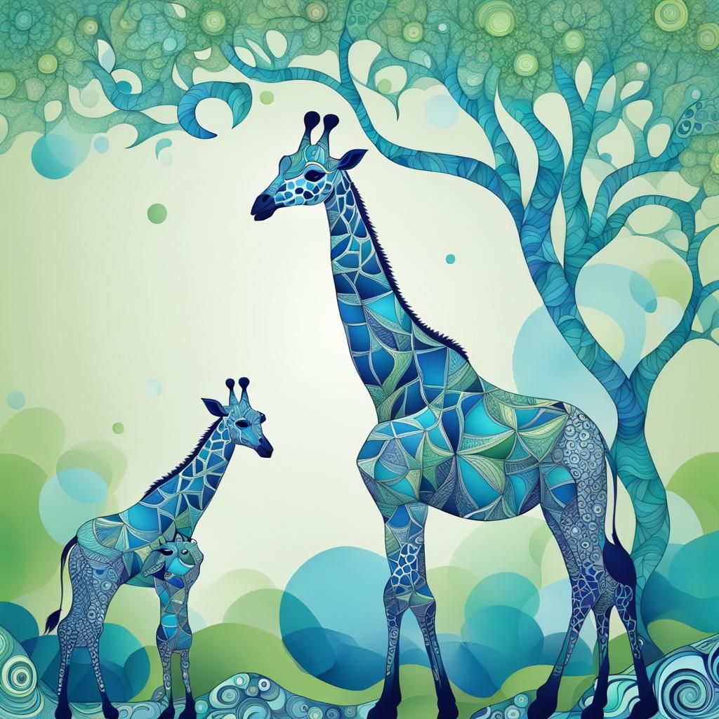 Zentangle Blue Giraffe Mother and Baby with Tree