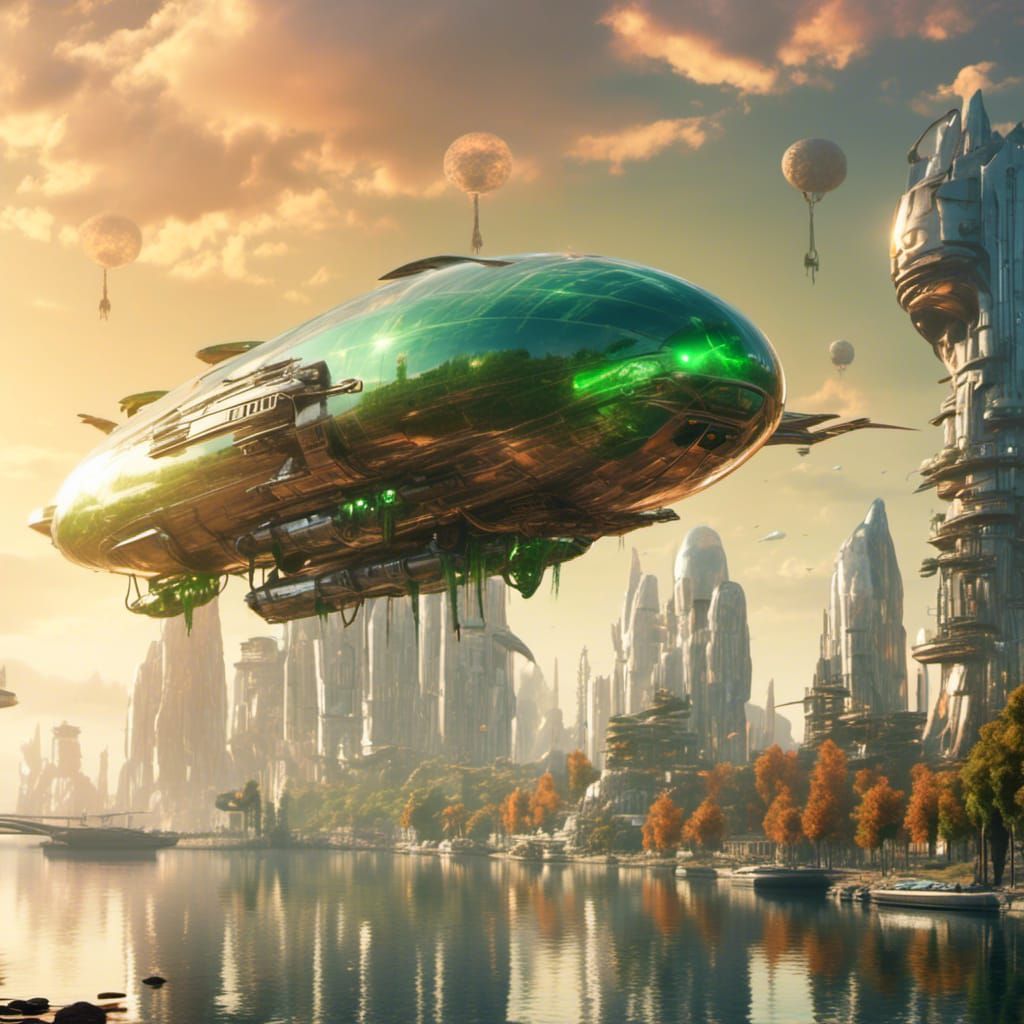 Alien Airships Levitating by Futuristic Shore