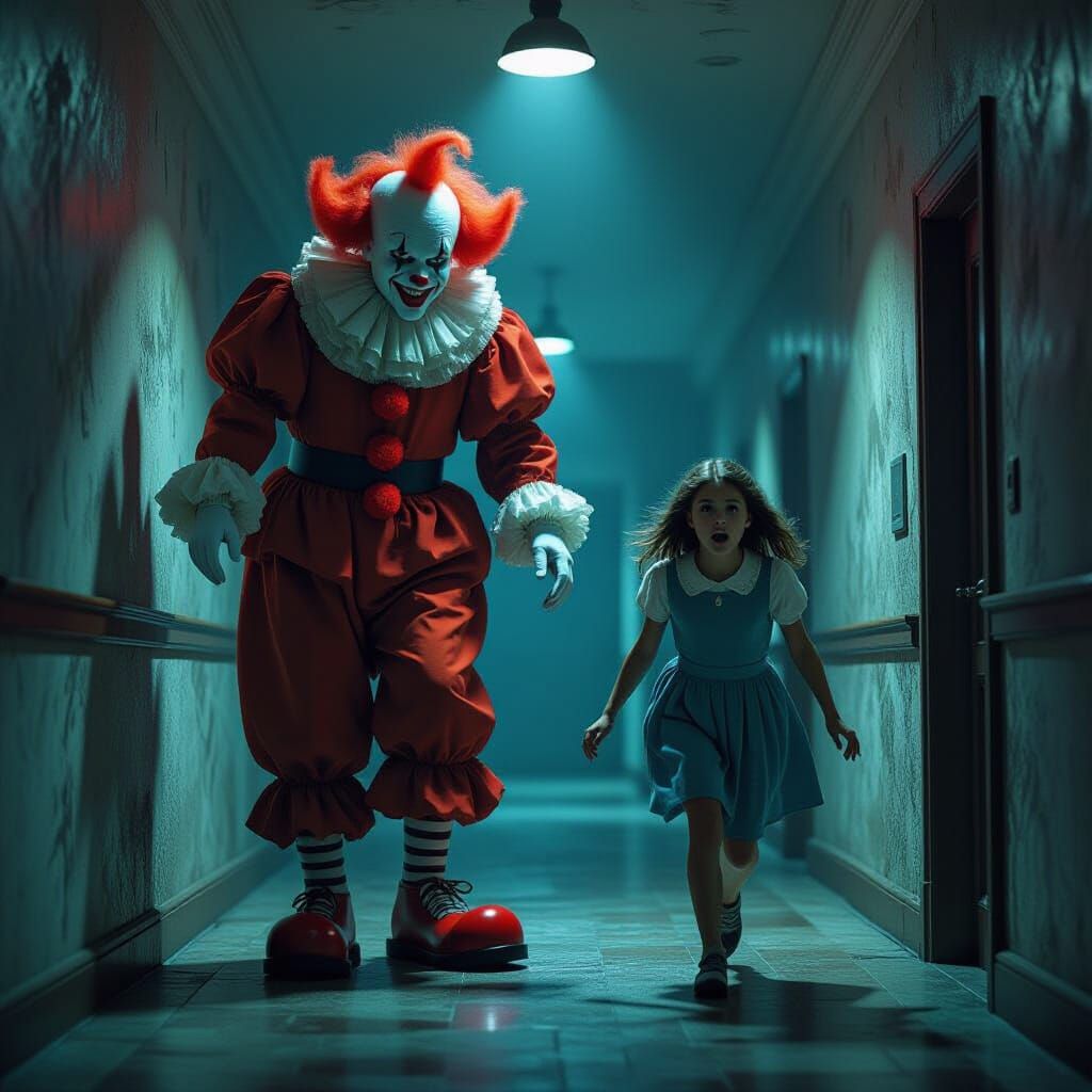 Eerie Clown Chase in Hallway: Surreal Digital Art