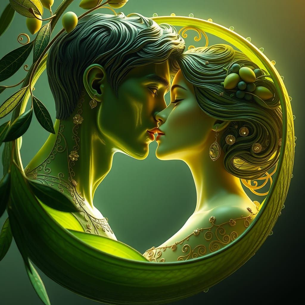 Olive Couple Kiss in Art Nouveau Style