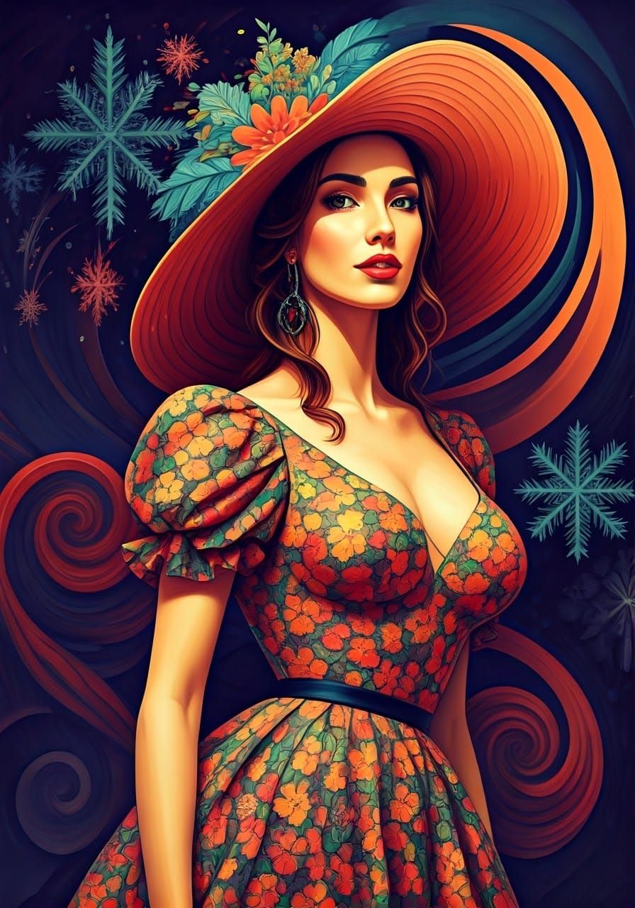 Cubist Woman in Festive Dress and Hat