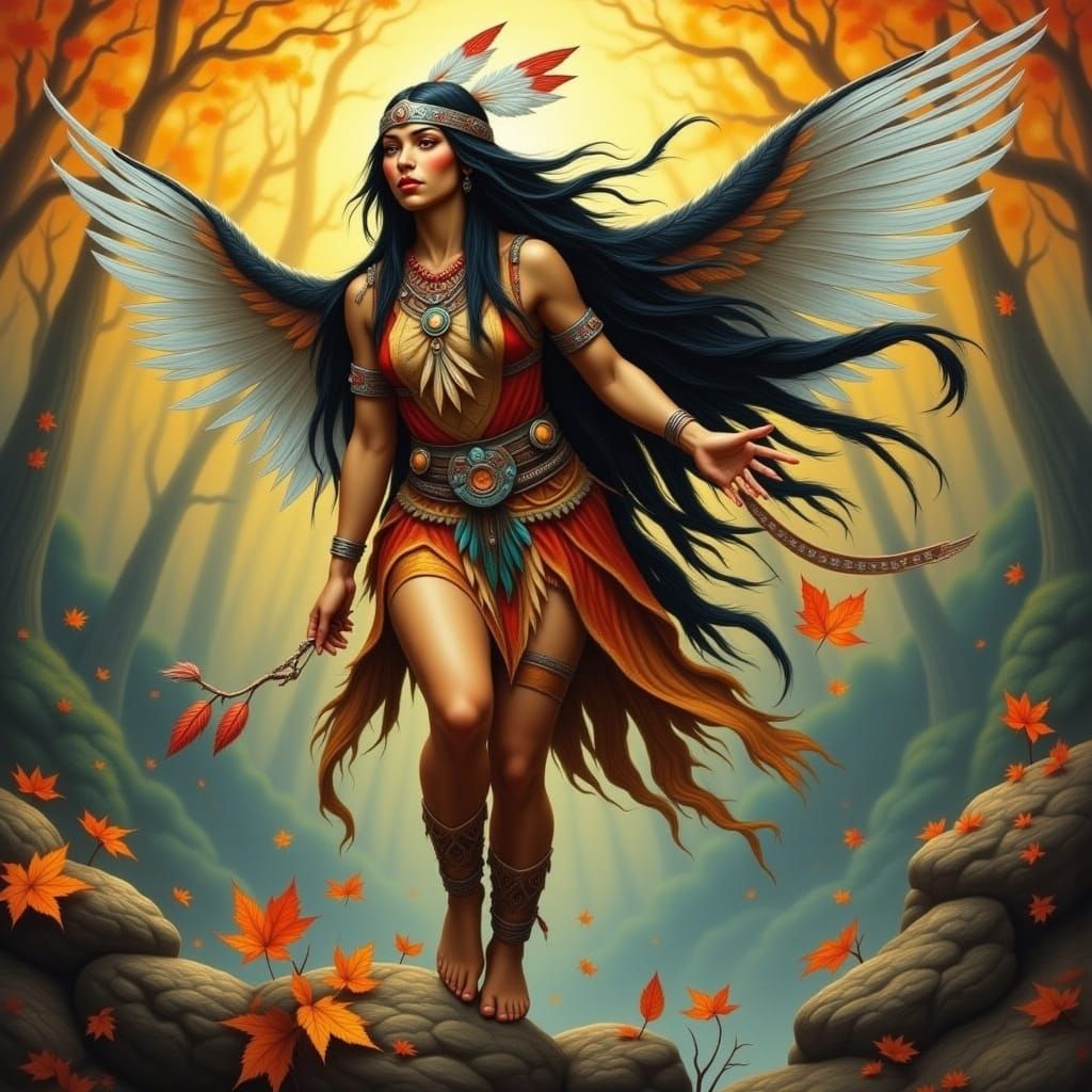 Native American Fairy Takes Flight Amidst Autumn Whirlwind