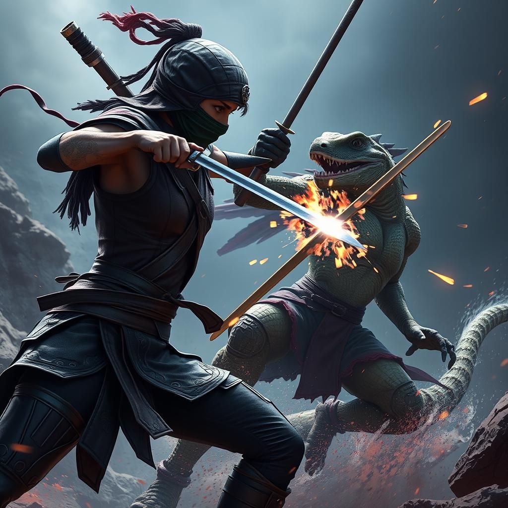 Ninja Warrior vs Lizard Man: Fantasy Concept Art