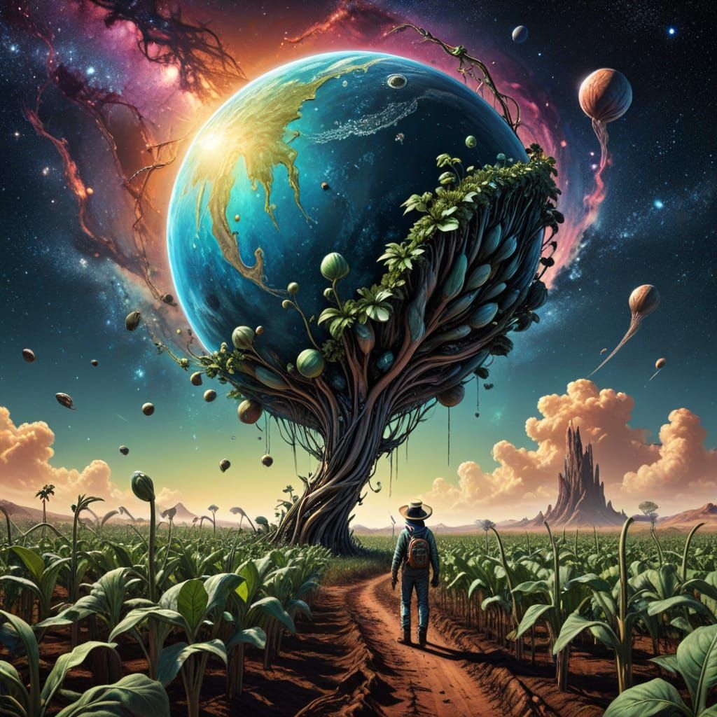 Space Farmer Climbing Alien Beanstalk: Pen and Ink Style