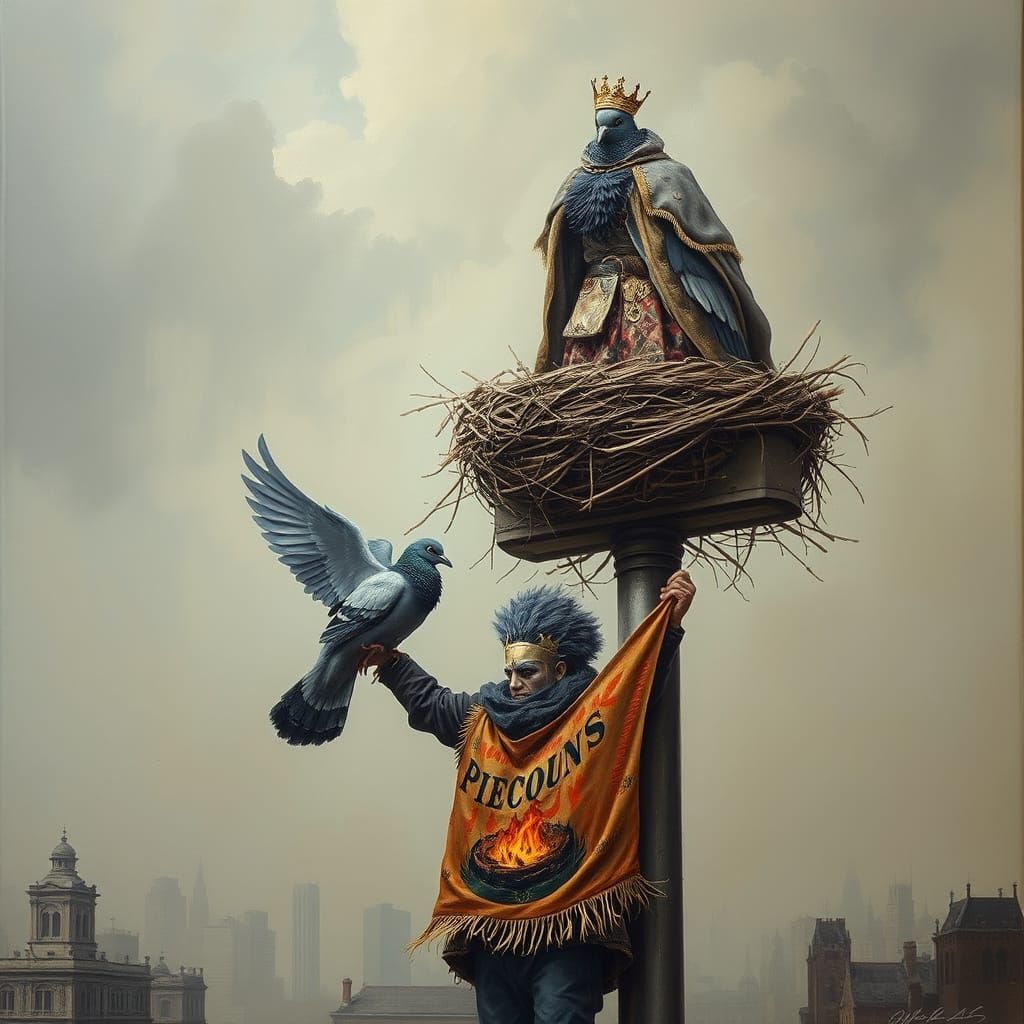 Anthropomorphic Pigeon King in Surreal Cityscape