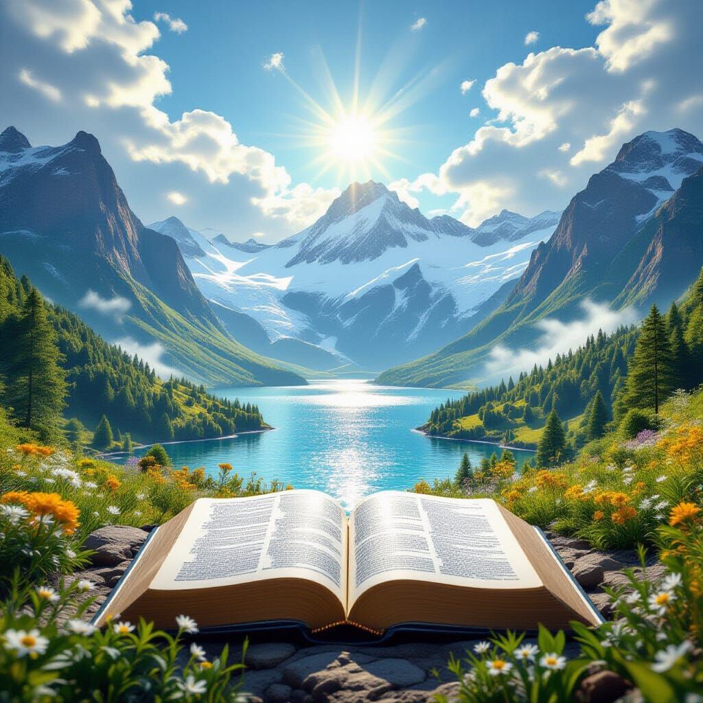 Biblical Genesis Landscape Emerging from Open Book
