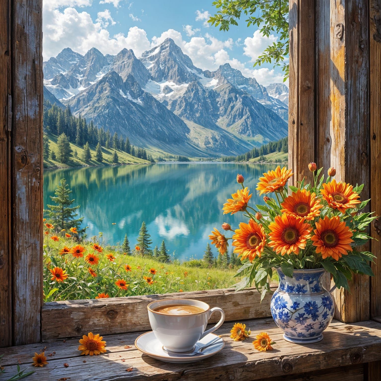 Cozy Morning Coffee with Mountain Lake View
