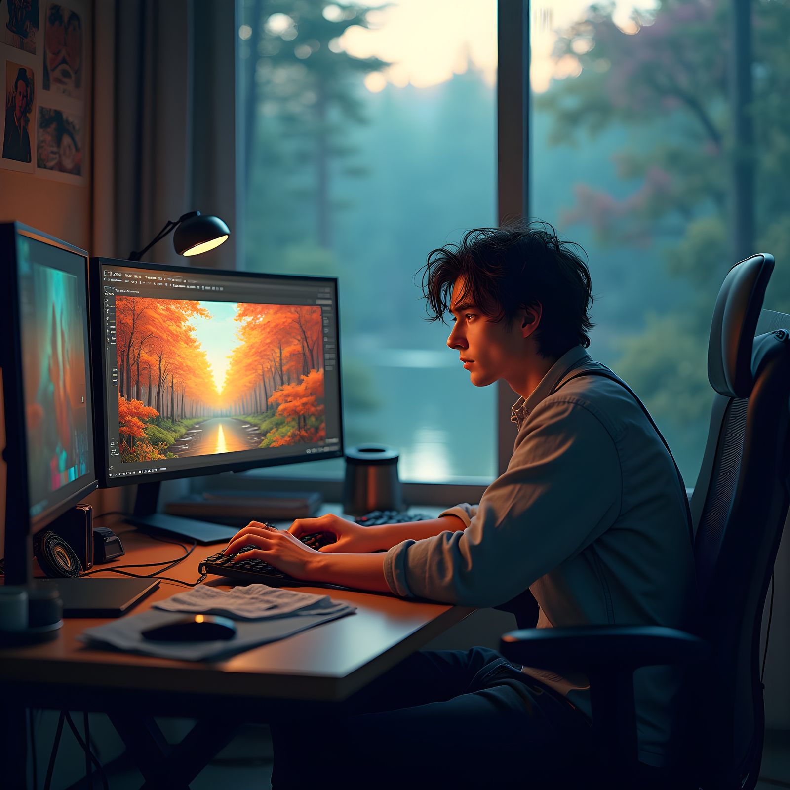AI Artist at Work in Modern Office, Detailed Portrait
