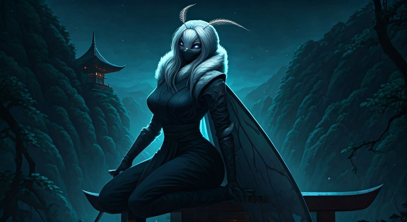 Moth-Woman Ninja on Pagoda in Futuristic Style