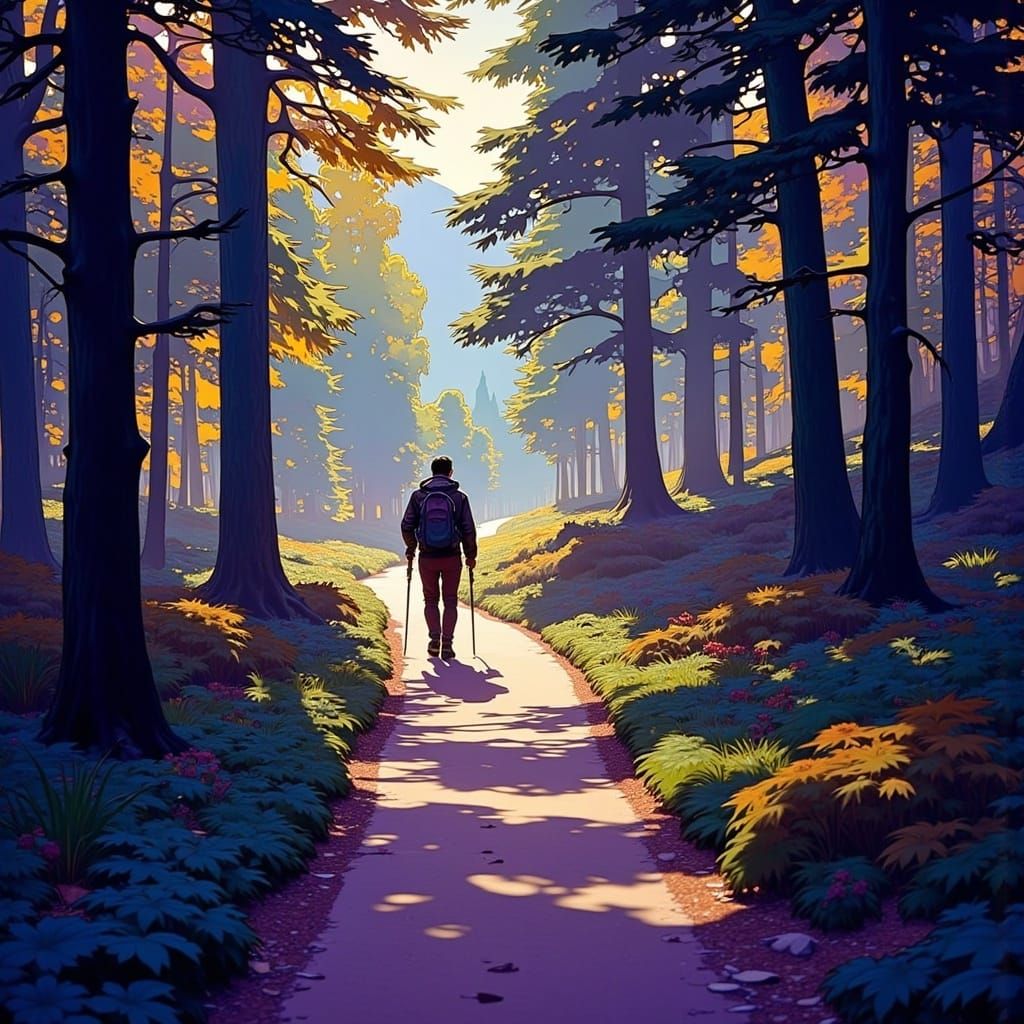 Dreamlike Forest Pathway in Art Nouveau Style