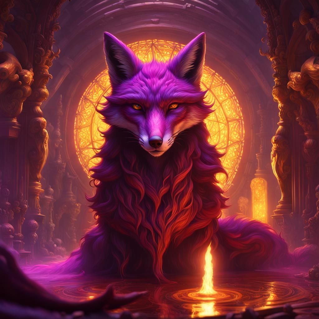 Crimson Flare Fox with Dark Magic, Detailed Fantasy Art