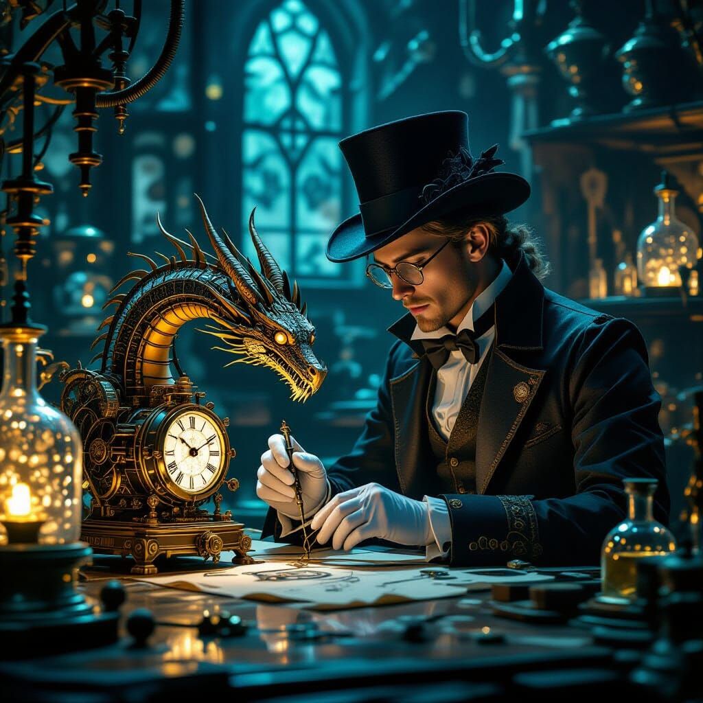 Victorian Researcher Dissects Clockwork Dragon in Gaslit Lab