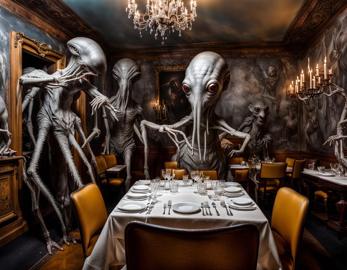 Surreal Alien Restaurant Celebration in Gritty Magical Reali...