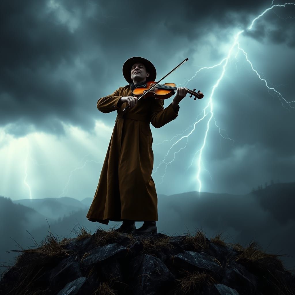 Cyberpunk Storm Musician Plays Violin with Fervent Intensity