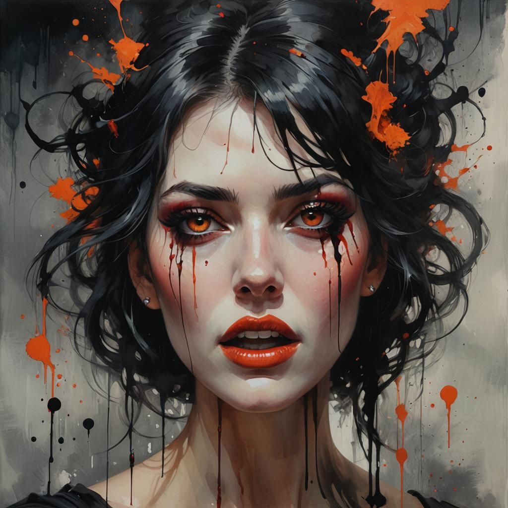 Watercolor Portrait of Screaming Woman in Inkpunk Style