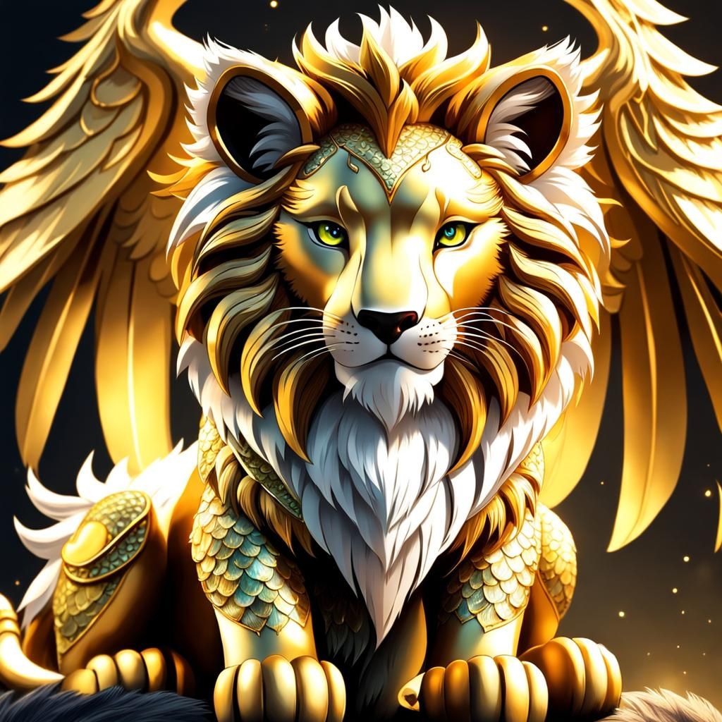 Golden Lion Cub with Dragon Scales and Angel Wings