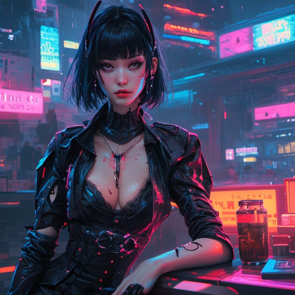 Cyberpunk Goth Character in Neon Cityscape