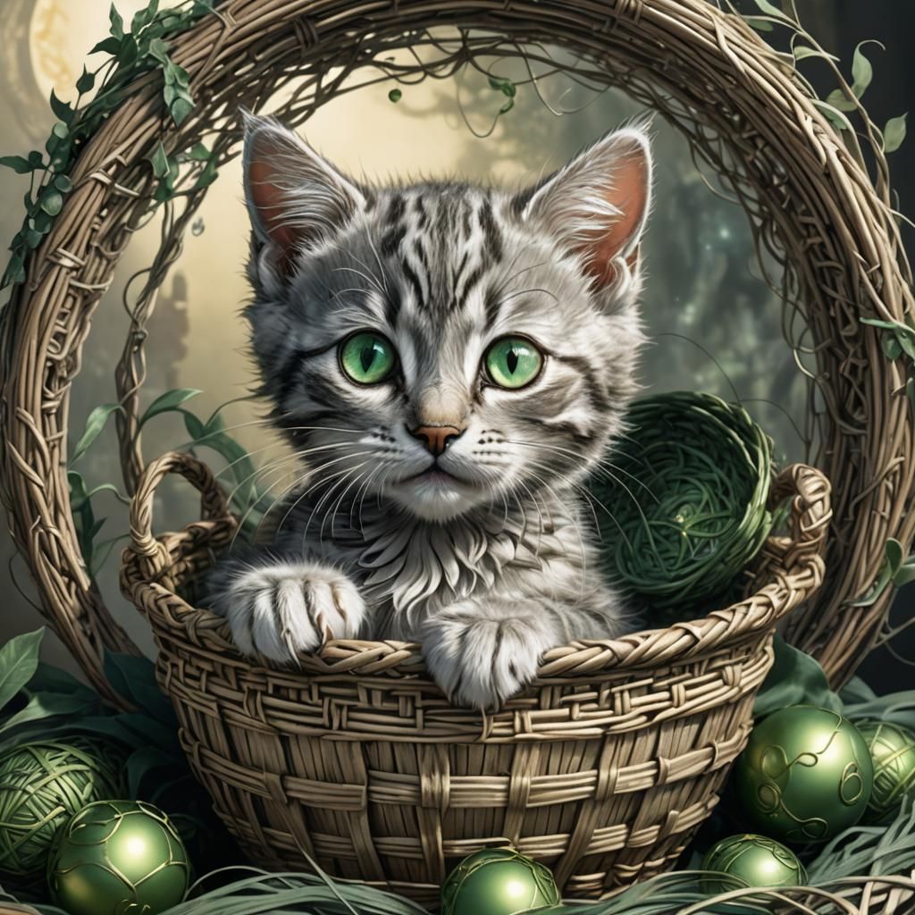 Silver Kitten in Basket: Art Nouveau Digital Art