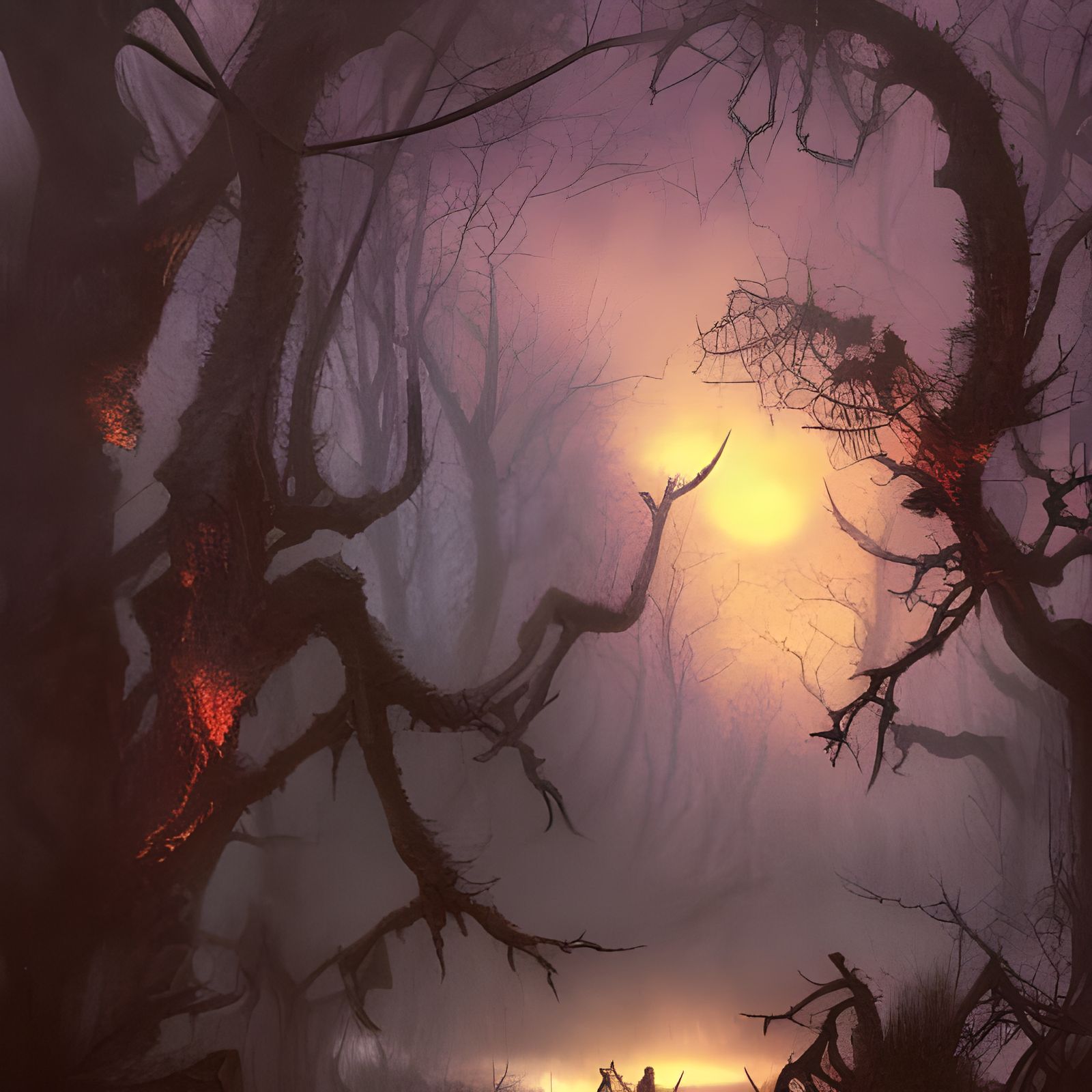 Spooky Forest with Bats and Red Sky