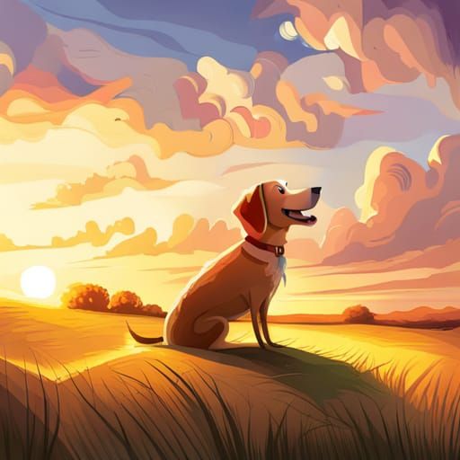 Dog Plays in Field: Storybook Illustration