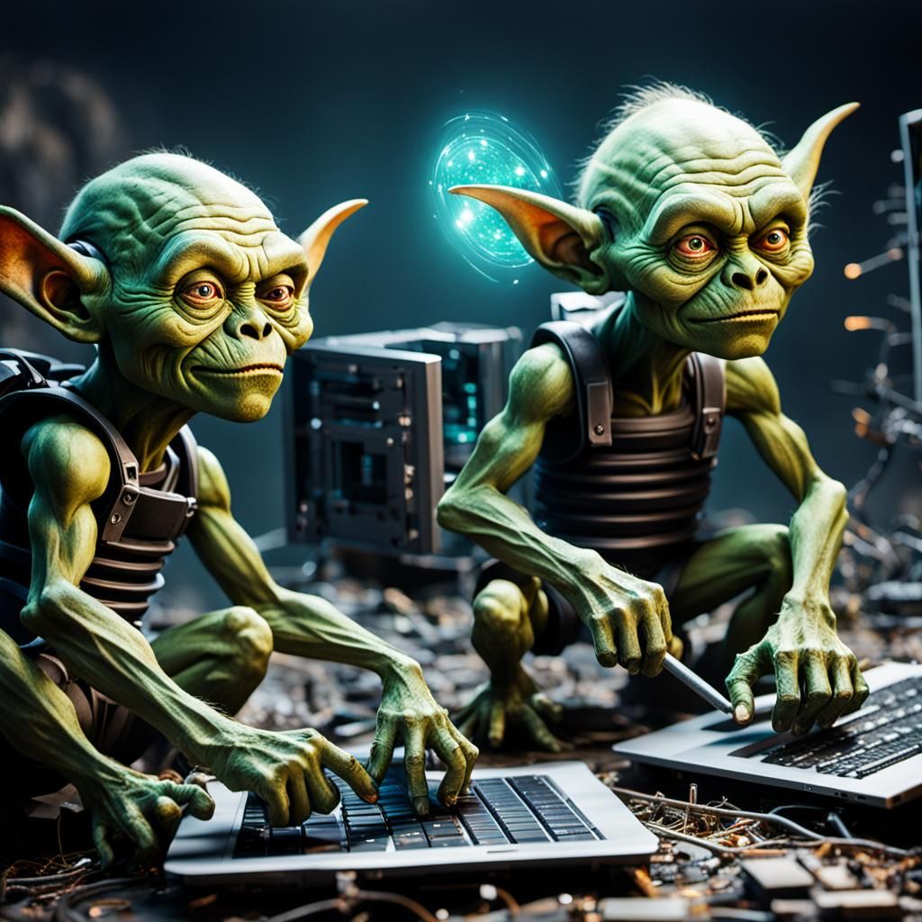 High-Tech Goblins Mining Data in Futuristic Style