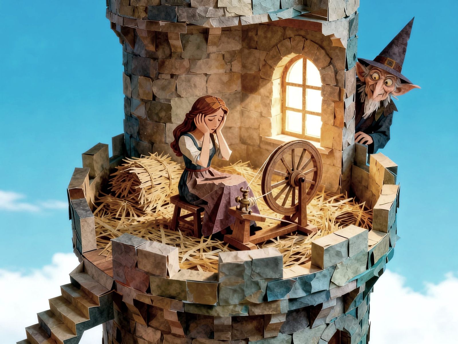 Fairytale Popup Book: Girl at Spinning Wheel with Impish Man