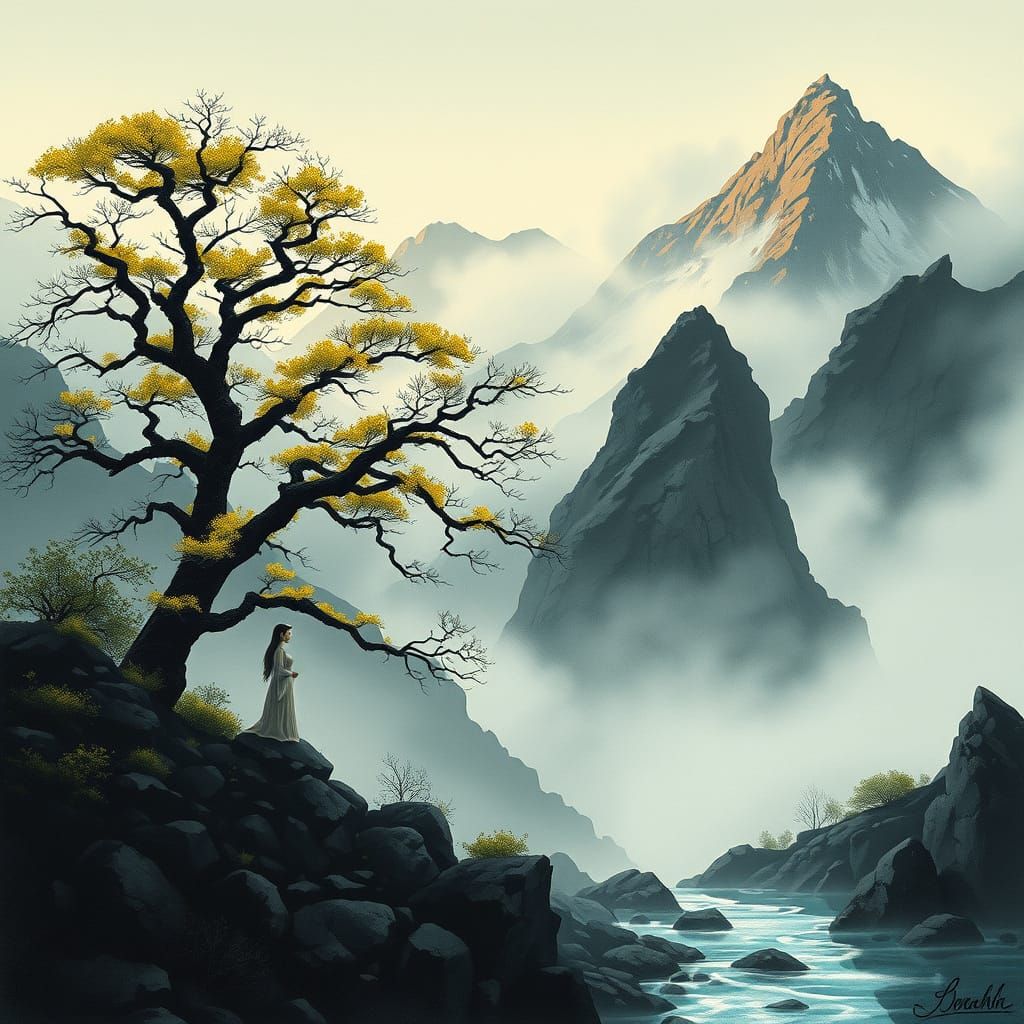 Ethereal Woman Meditating in Misty Mountain Landscape