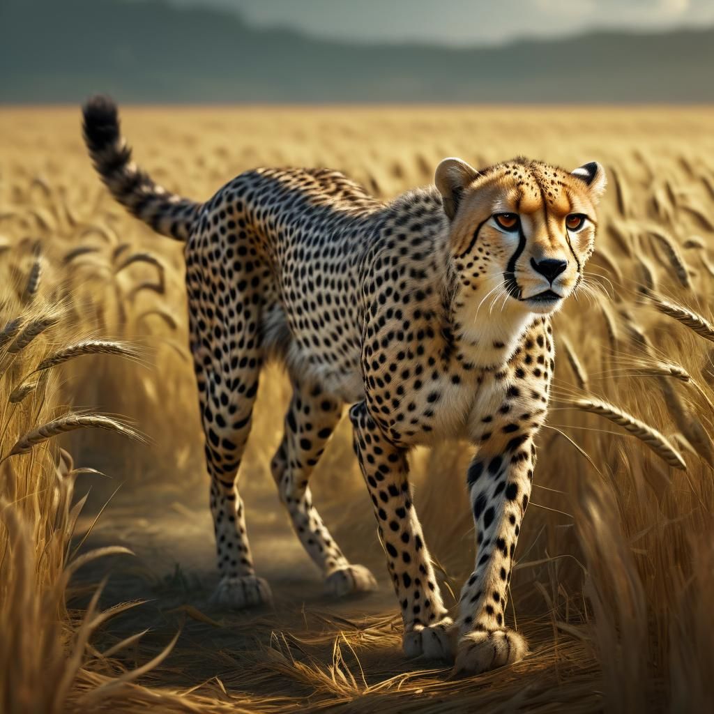 Bipedal Cheetah in Wheat Field: Dark Fantasy Art