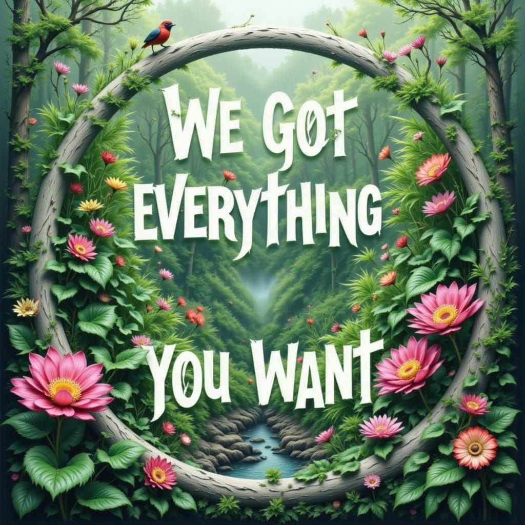 Jungle Landscape Within Circle with "We Got Everything" Text