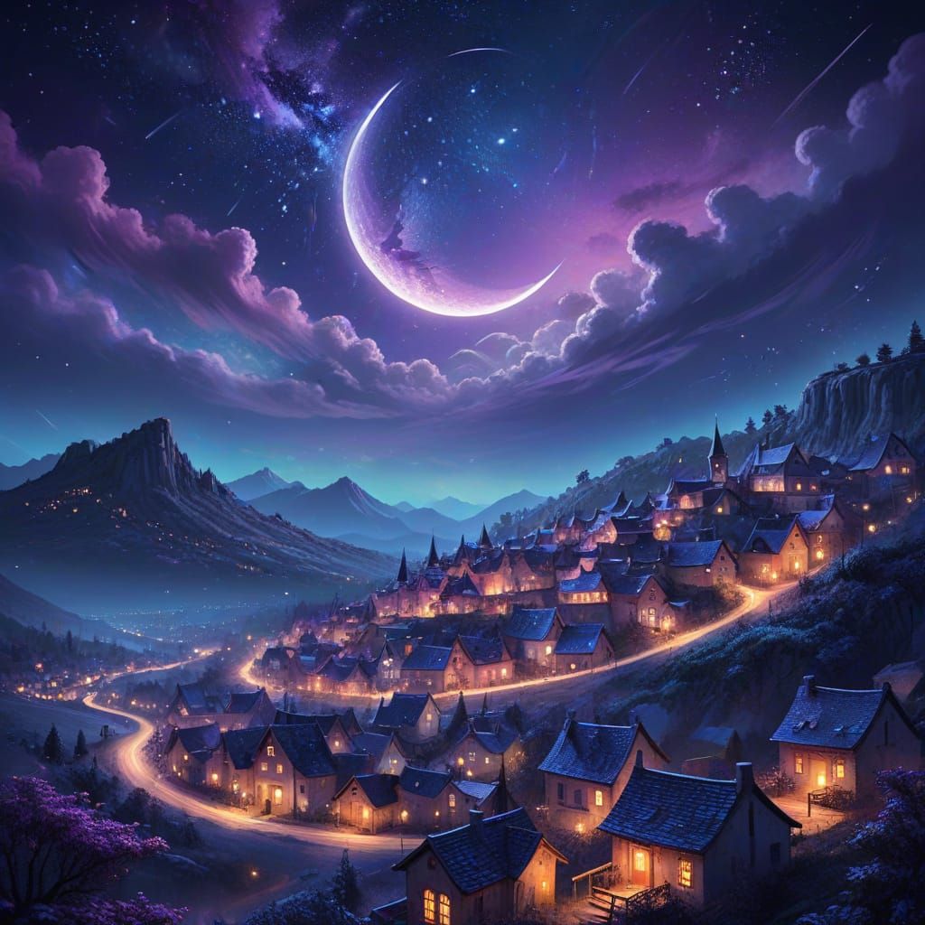 Dreamy Night Sky with Crescent Moon and Twinkling Stars