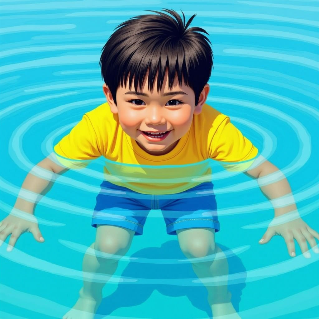 Boy on Beach Pointing at Bird in Sky