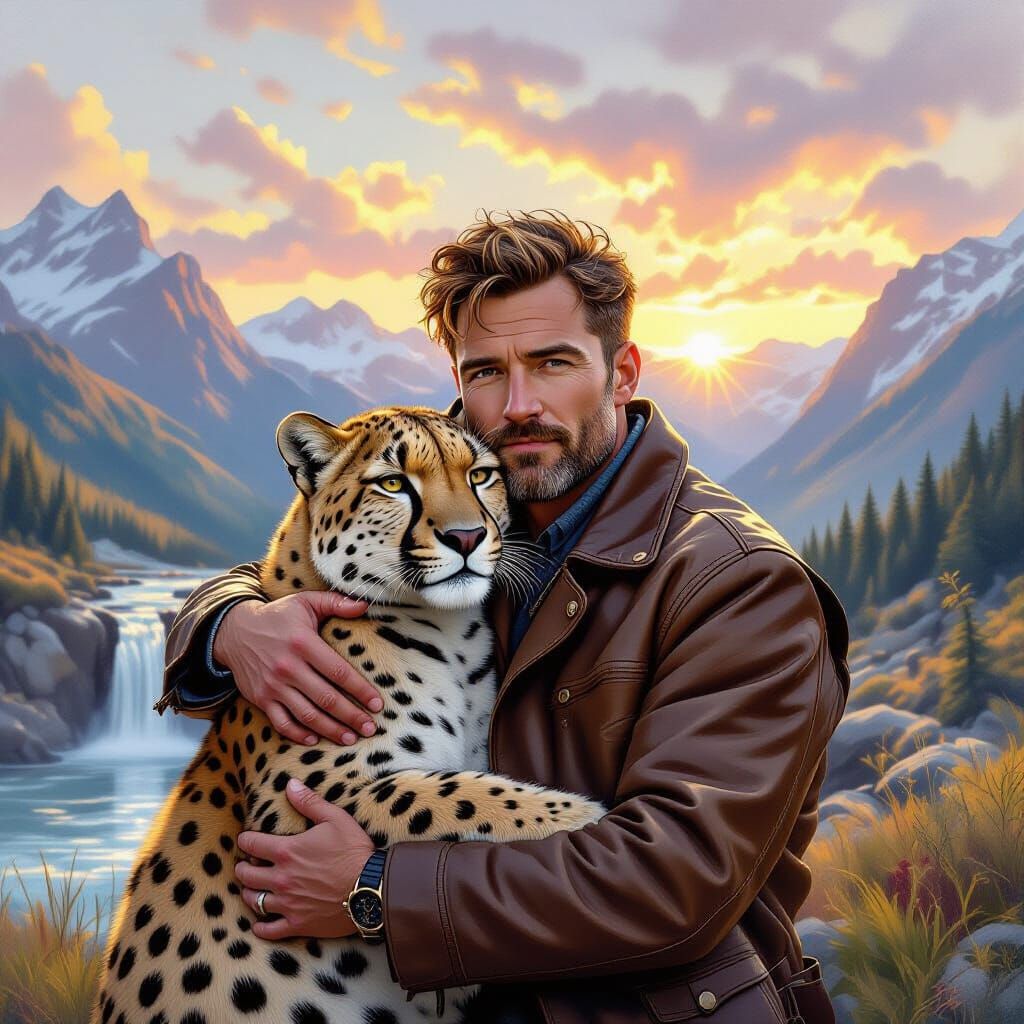 Man Embraces Panther in Mountain Sunrise, Australian Tonalis...