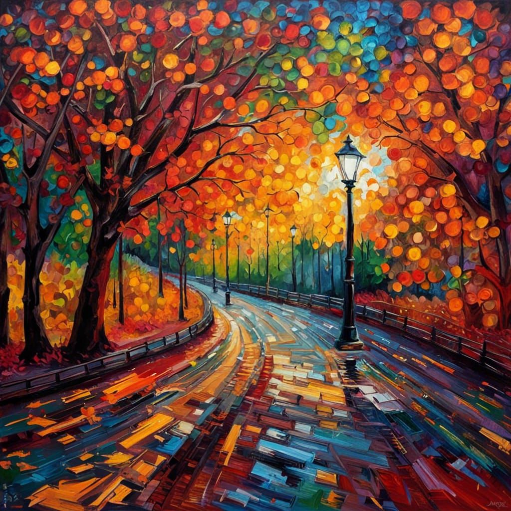 Neon Autumn Street in Expressionist Oil Painting Style