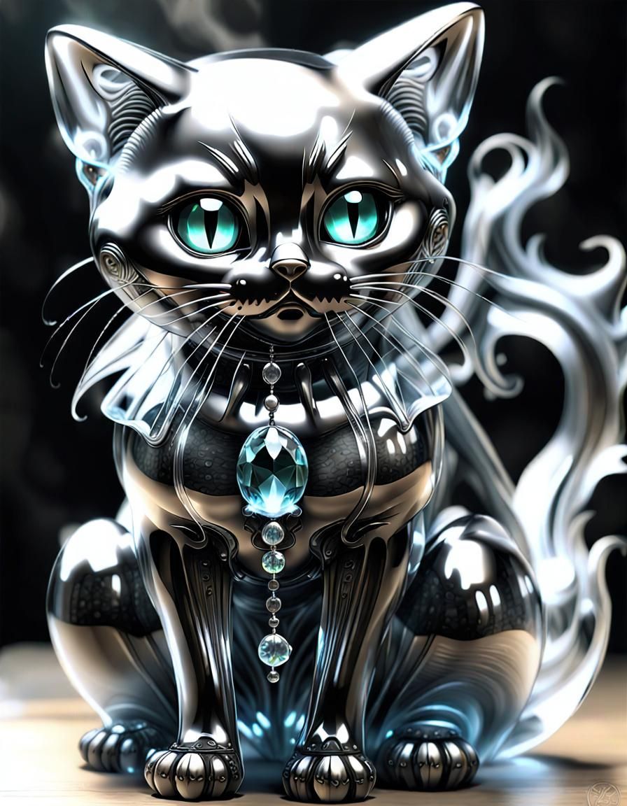Crystalline Neko Emerges in Smoke, H.R. Giger Style